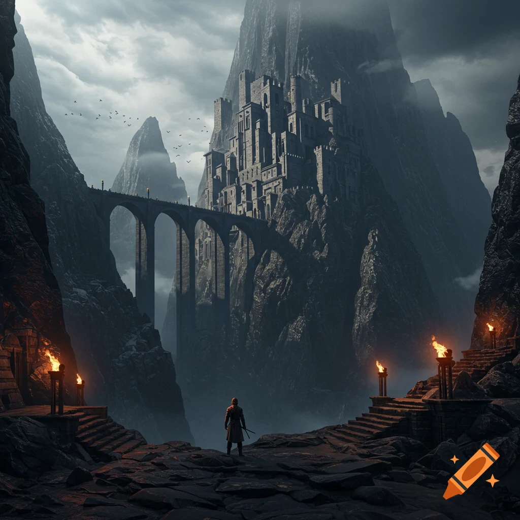 A lone figure stands before a massive stone bridge leading to a castle built into a dark, jagged mountain under a stormy sky.