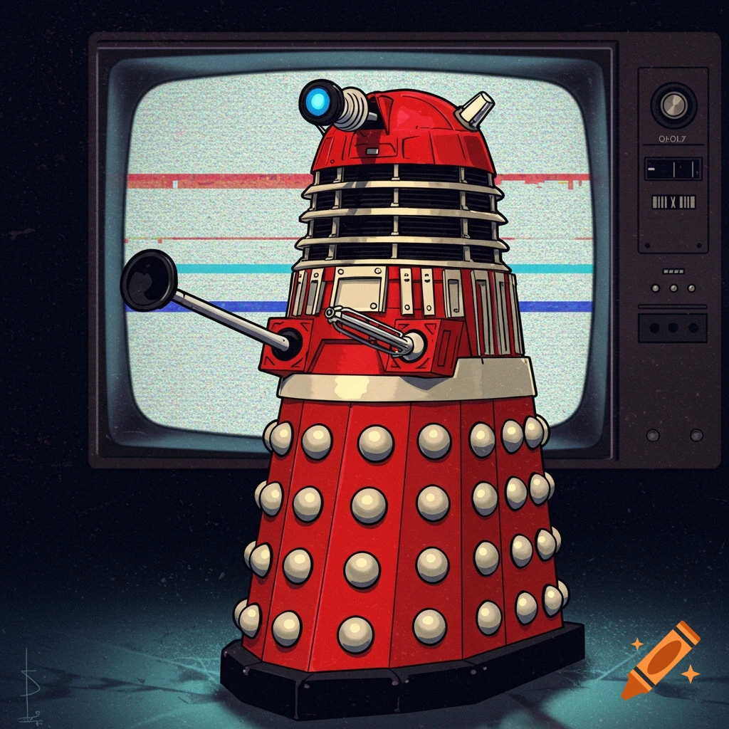 A red Dalek stands before a static-filled vintage television.