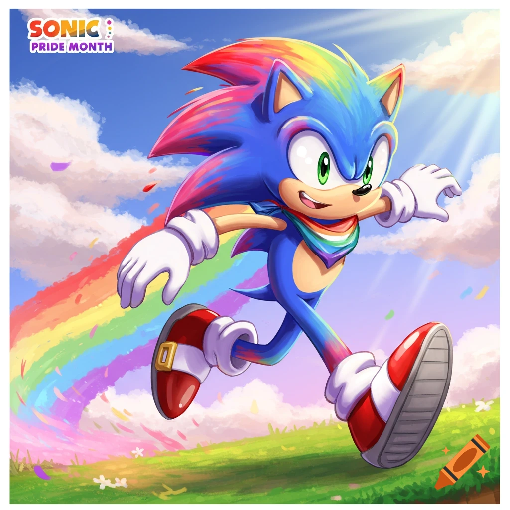 Sonic the Hedgehog running with rainbow hair, scarf, and trail.
