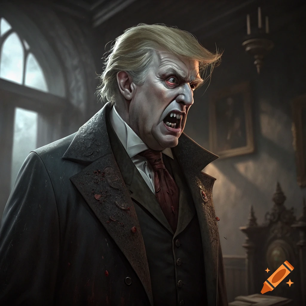 A person resembling Trump depicted as a vampire with fangs and bloodstains.