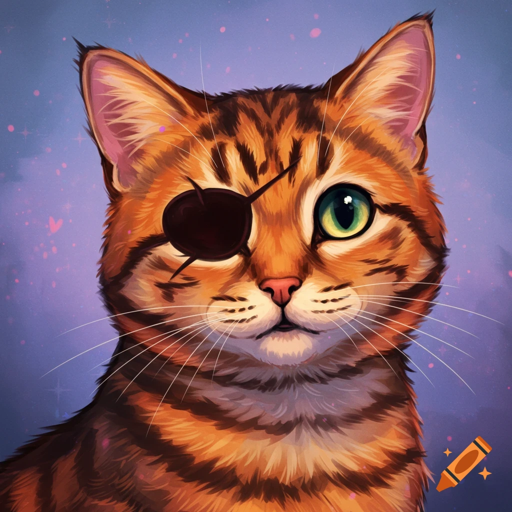 An orange tabby cat wearing an eyepatch.