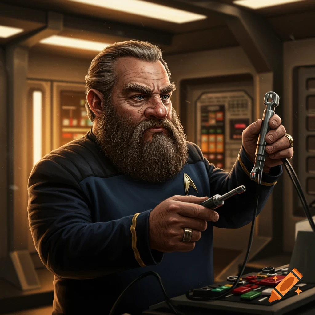 A bearded man in a Starfleet uniform holding futuristic tools on a spaceship.