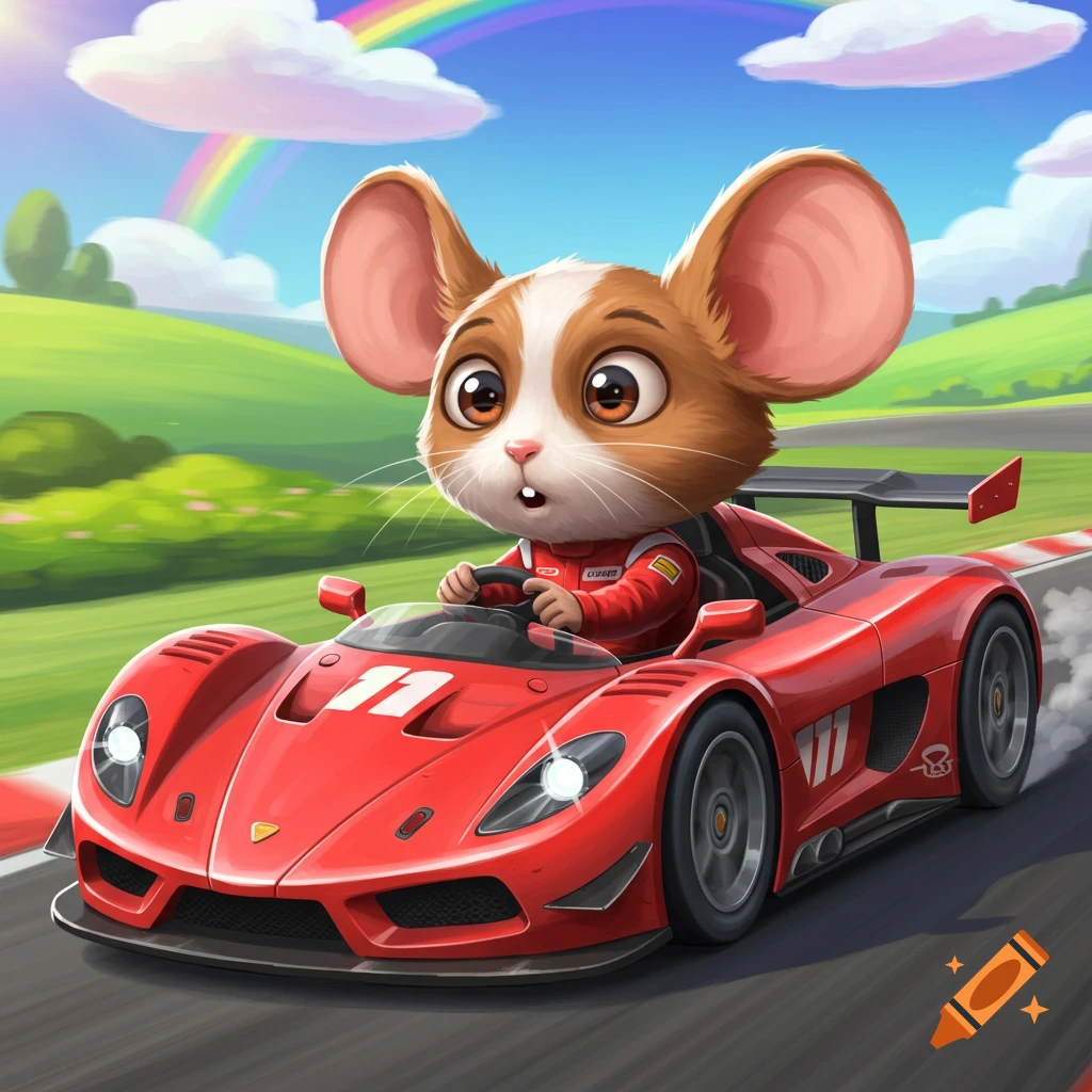 A cartoon mouse driving a red race car on a track with a rainbow.