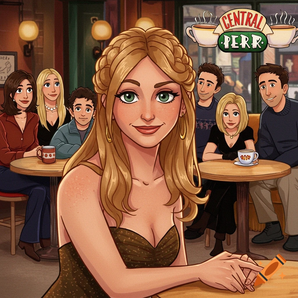 Cartoon drawing of Friends TV show characters in the Central Perk cafe.