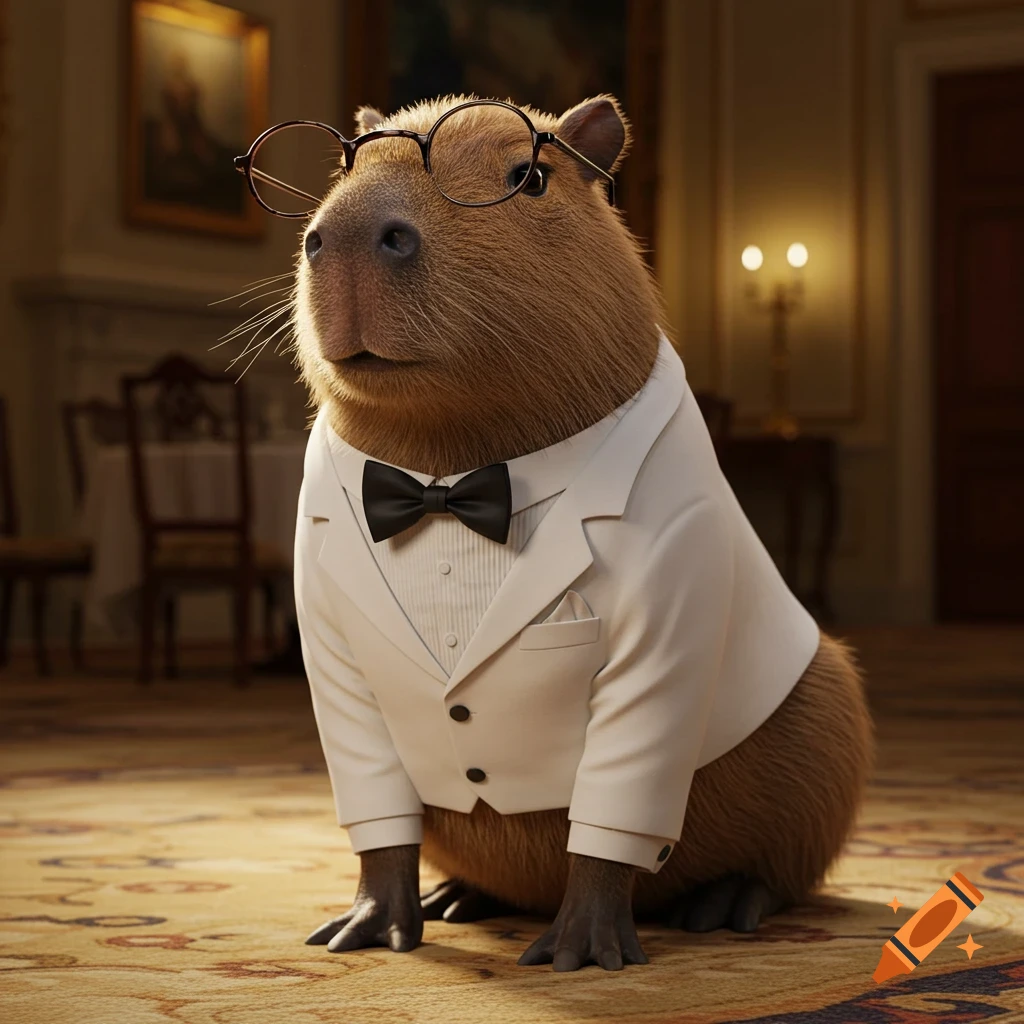A capybara wearing a white tuxedo, black bow tie, and round glasses sits on a patterned rug in a formal room.