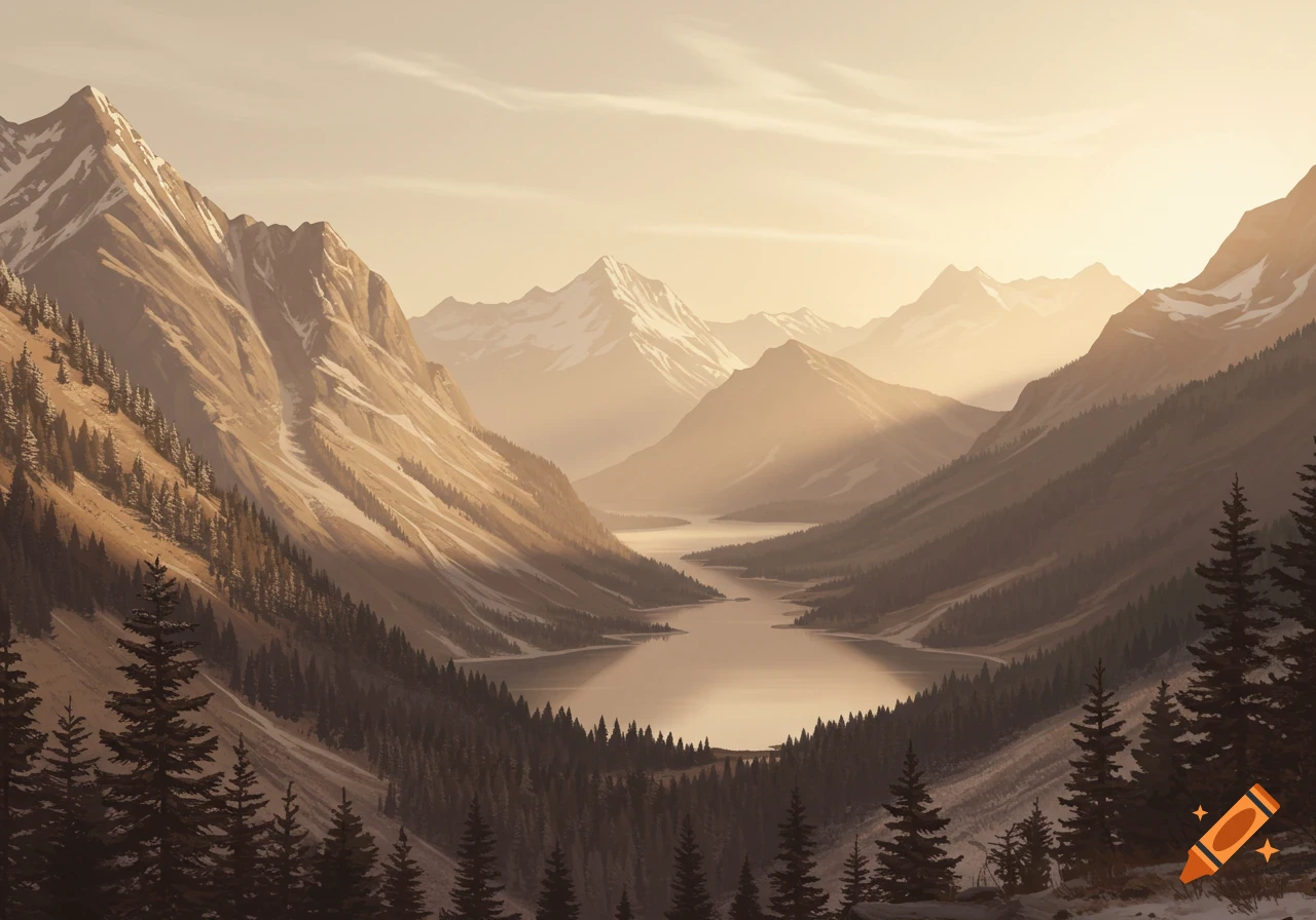 A forested alpine mountain valley with a lake and light snow at sunset.