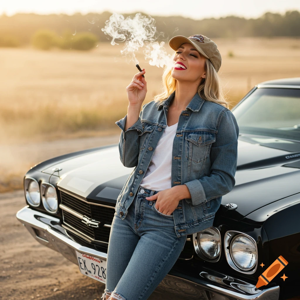 Woman in denim leans on black vintage car smoking in a field at sunset.