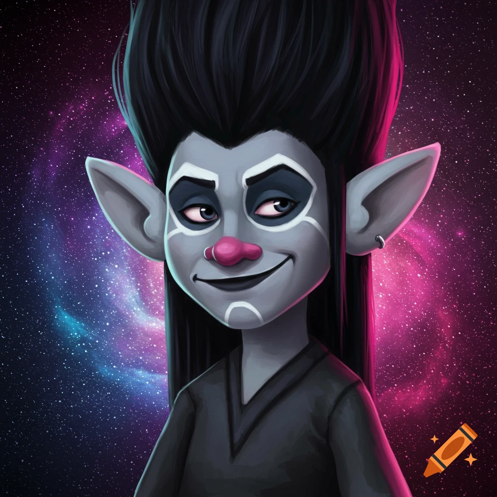 Image of a greyish blue troll with black hair and makeup against a galaxy background.