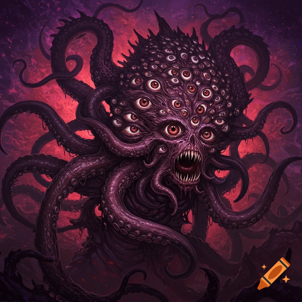 A dark fantasy Eldritch creature with many red eyes and tentacles.