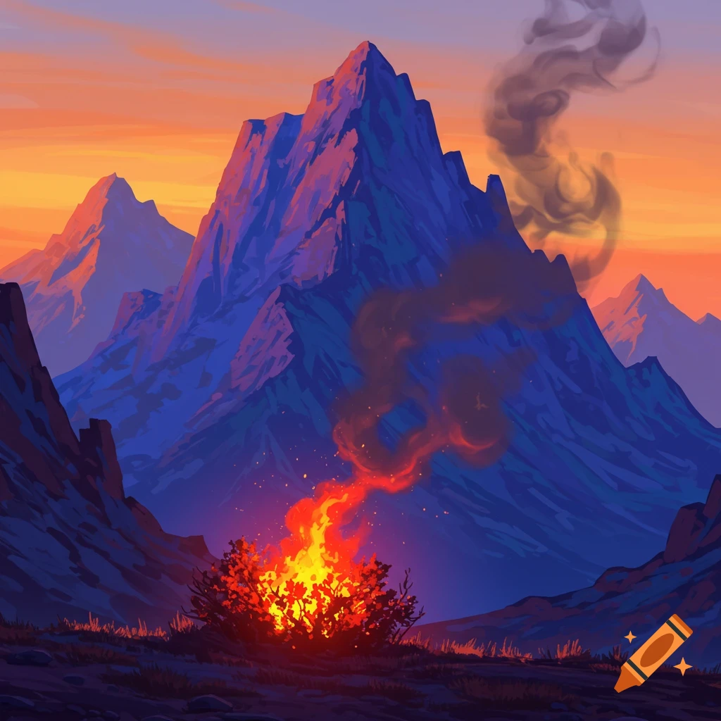 A mountain landscape at sunset with a burning bush in the foreground.