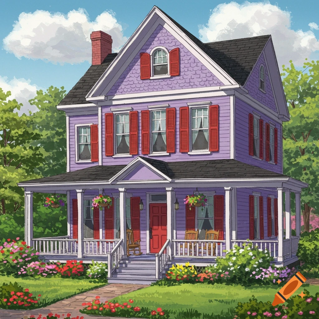 A two-story purple house with red shutters, a porch, and colorful flowers.