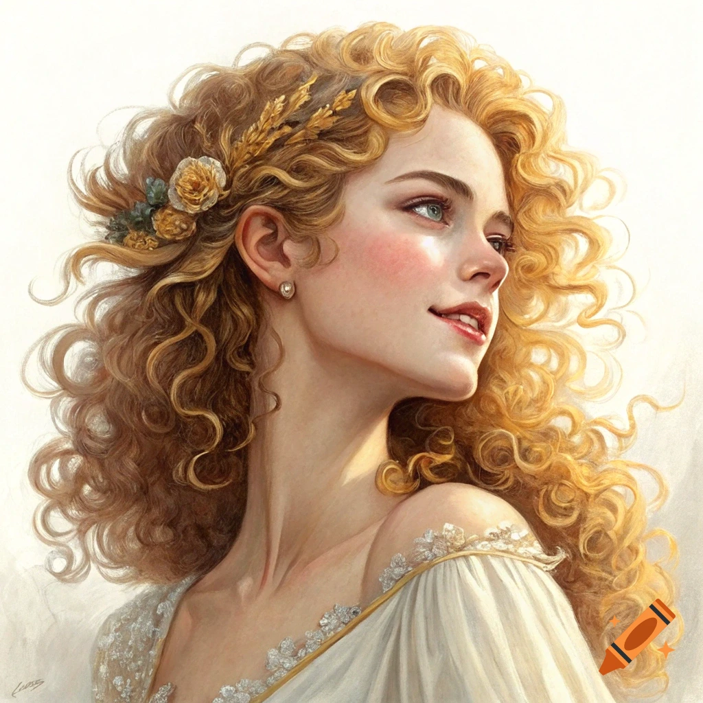 Painting of a woman with golden curly hair and flowers, looking away.