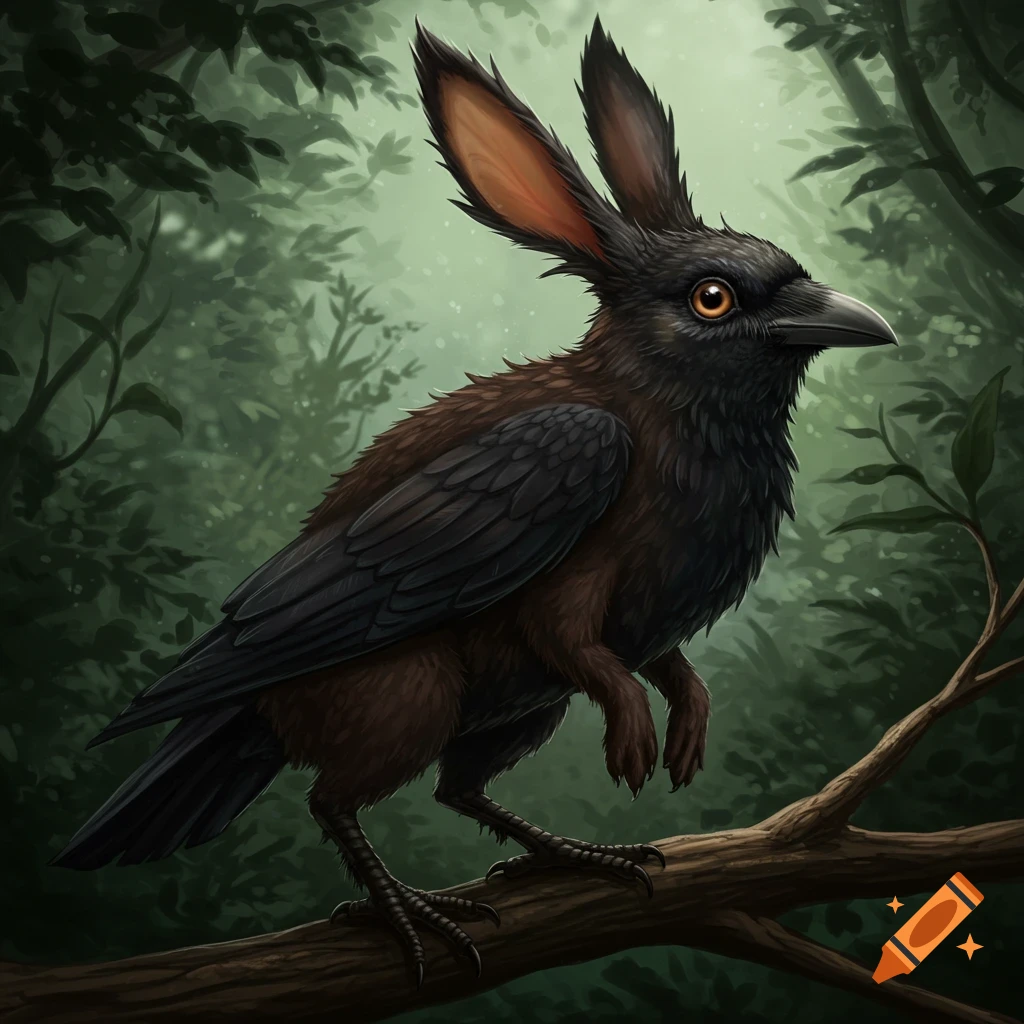 A crow and rabbit hybrid creature perched on a branch in a forest.
