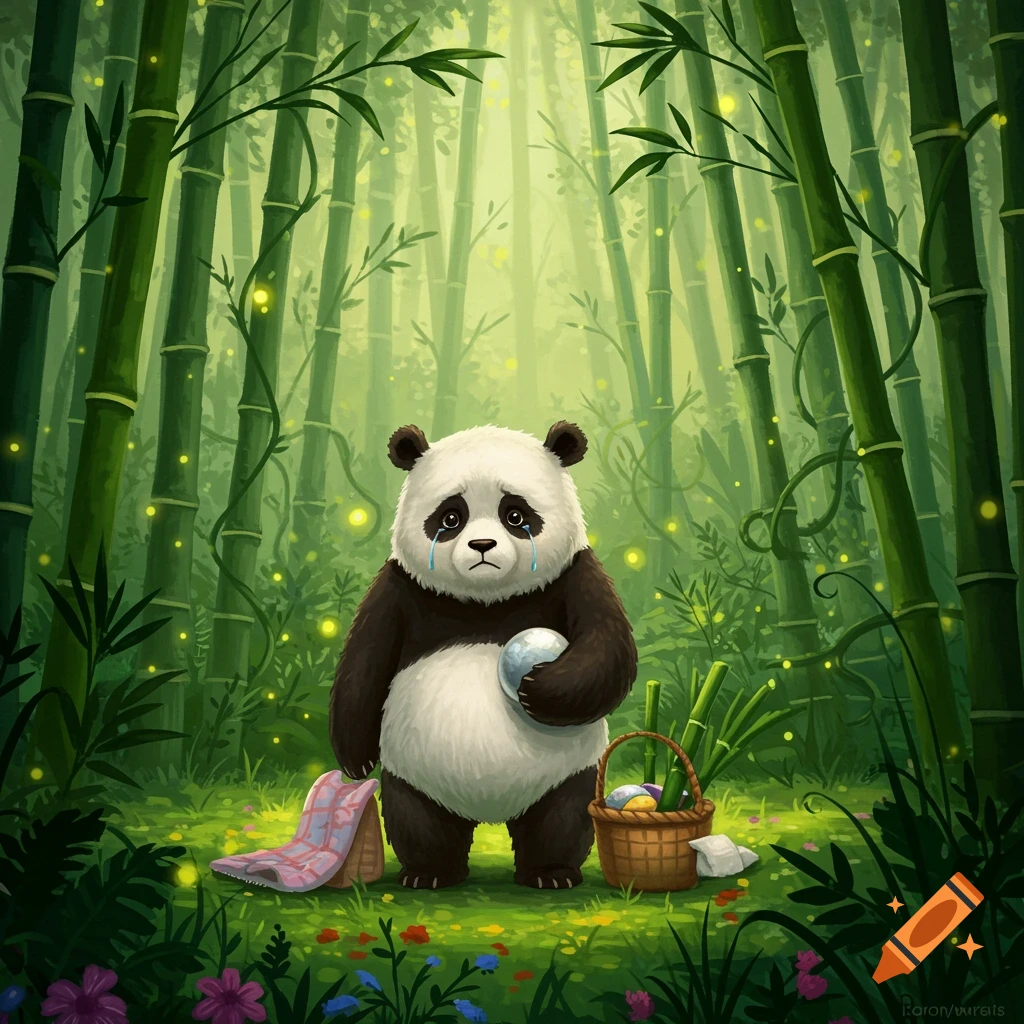 A cartoon panda cries in a lush bamboo forest, holding a shiny ball near a basket and blanket.