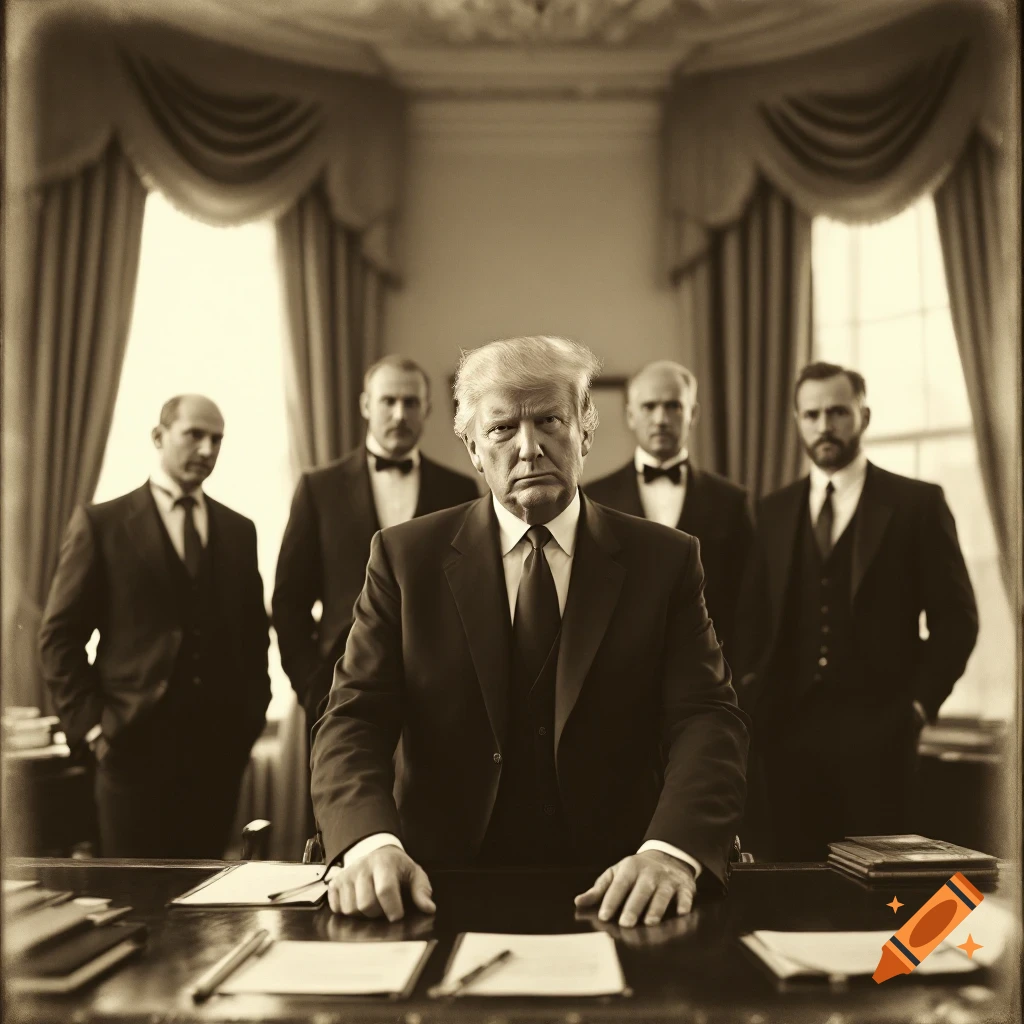 Sepia-toned portrait of Donald Trump at a desk with men in 1890s suits behind him in an office.