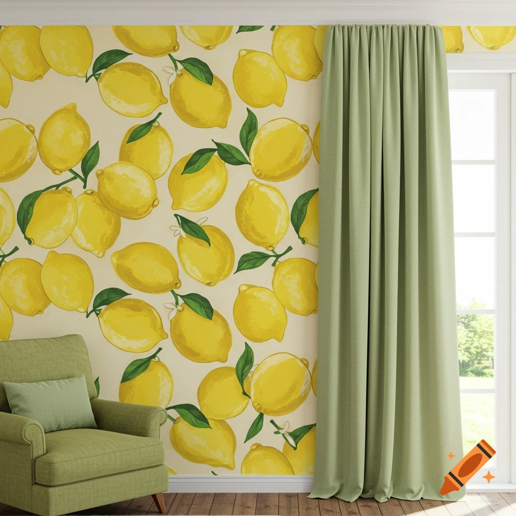 A room interior with lemon print wallpaper, a green armchair, and a green curtain next to a window.