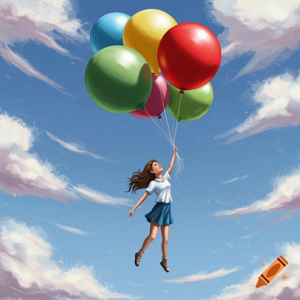 A girl floating in the sky holding colorful balloons.