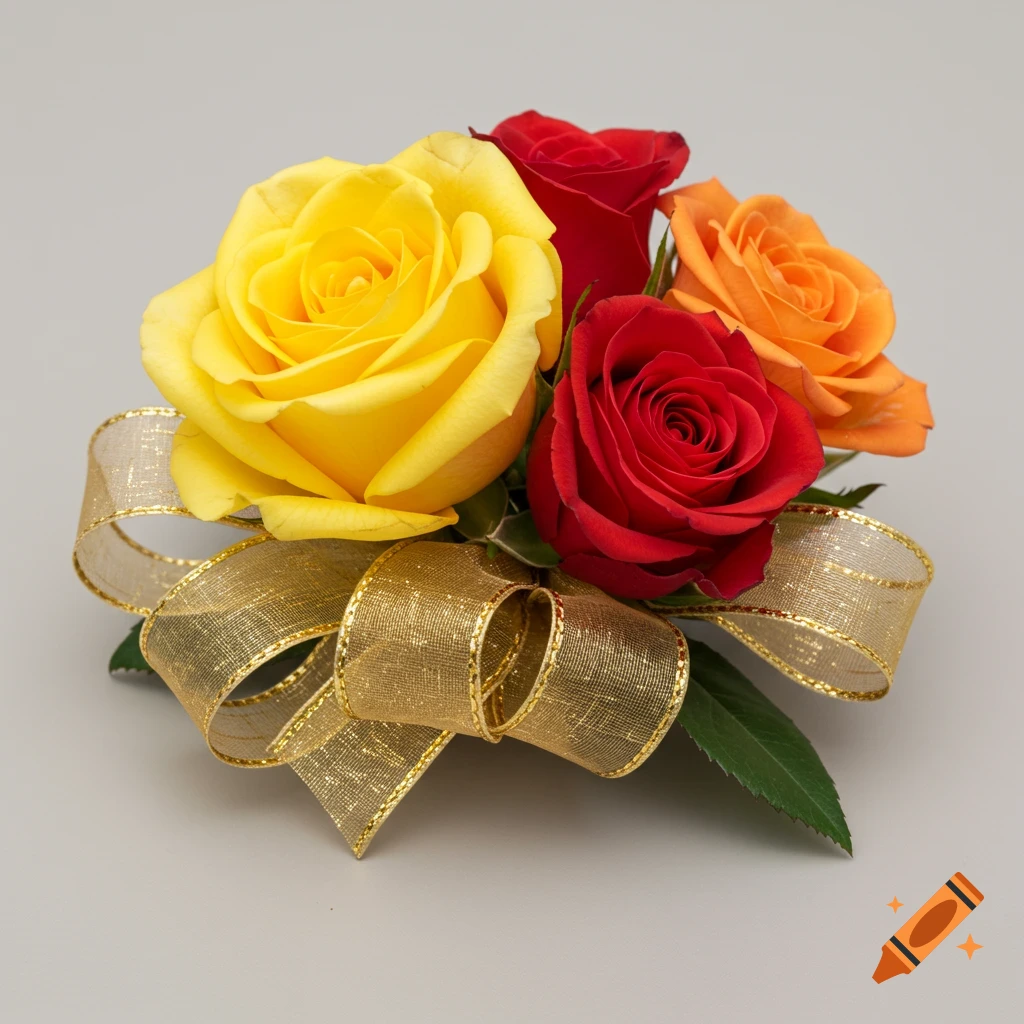 A corsage with yellow, red, and orange roses tied with a gold ribbon.