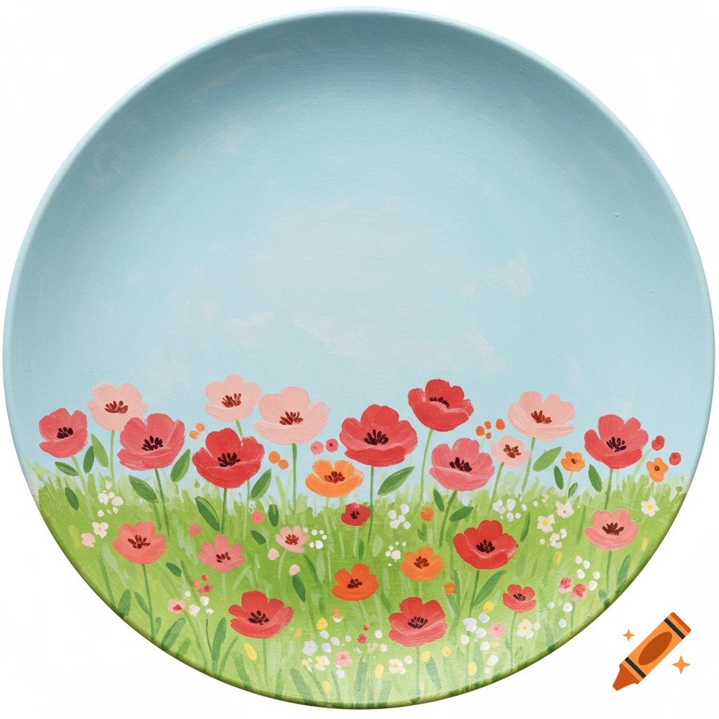 A round plate painted with simple pink red and orange flowers in green grass under a blue sky.