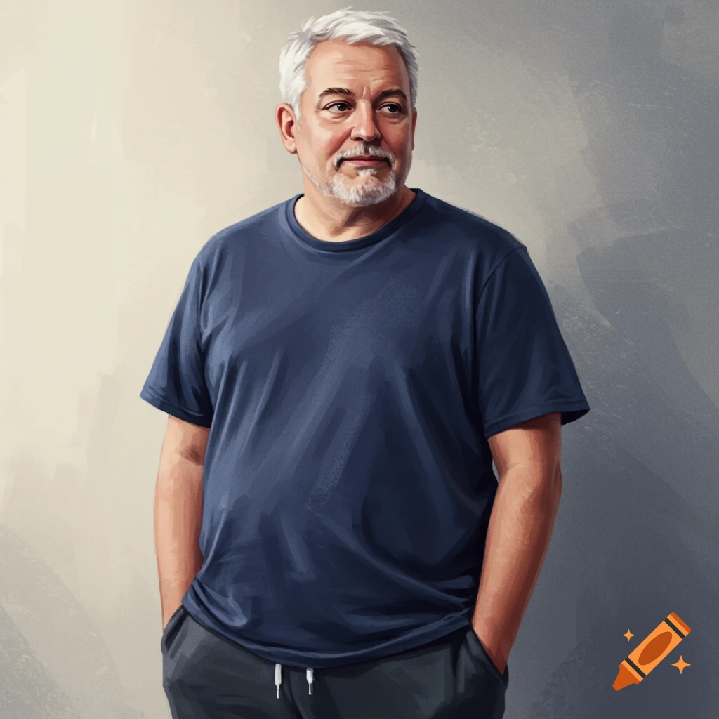 An older man with white hair and beard is wearing a blue t-shirt with his hands in his pockets.