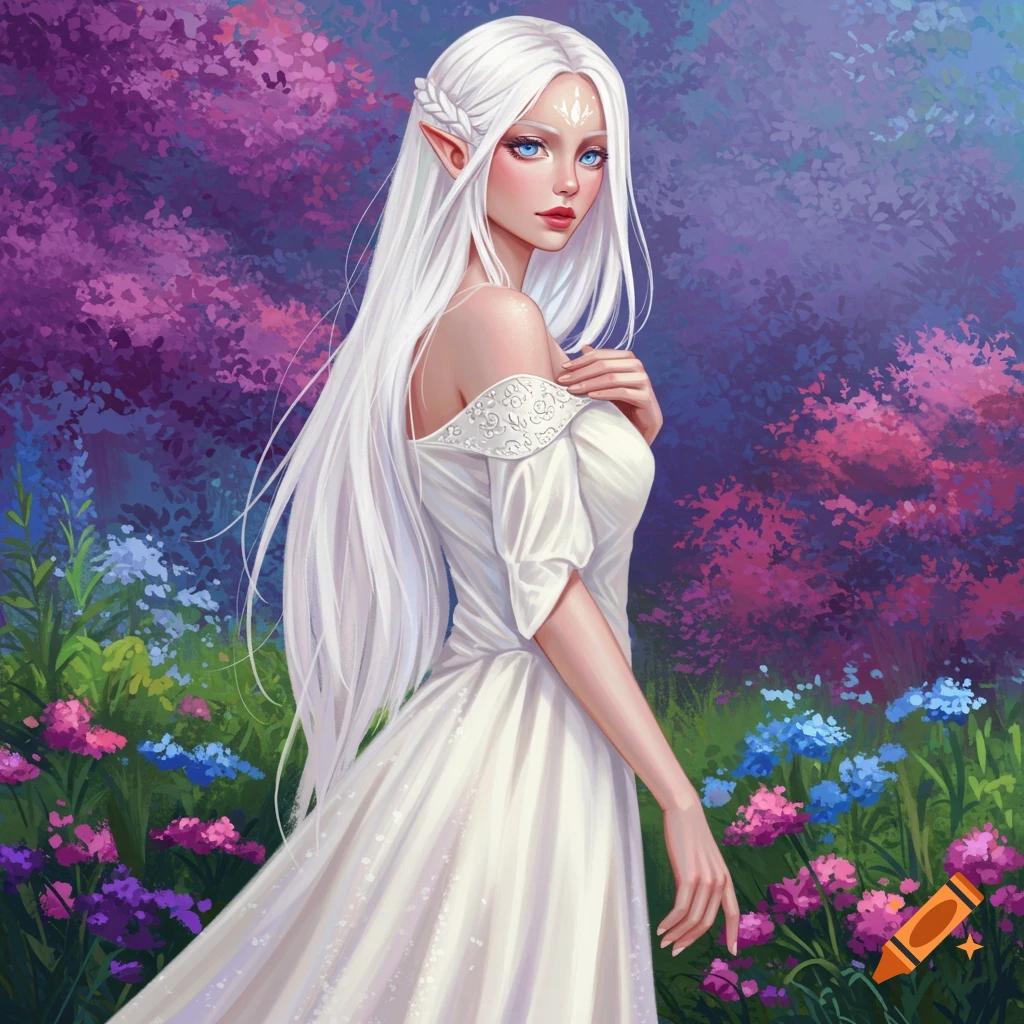 A fantasy woman with white hair and blue eyes in a flower garden.