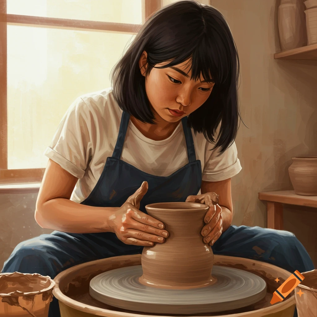 Painting of a woman making pottery on a wheel.