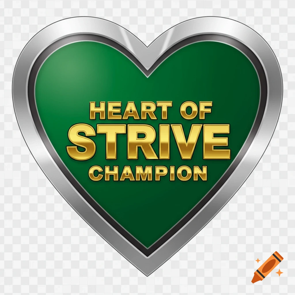A heart-shaped badge with a silver border and a green center. Gold text reads "HEART OF STRIVE CHAMPION".