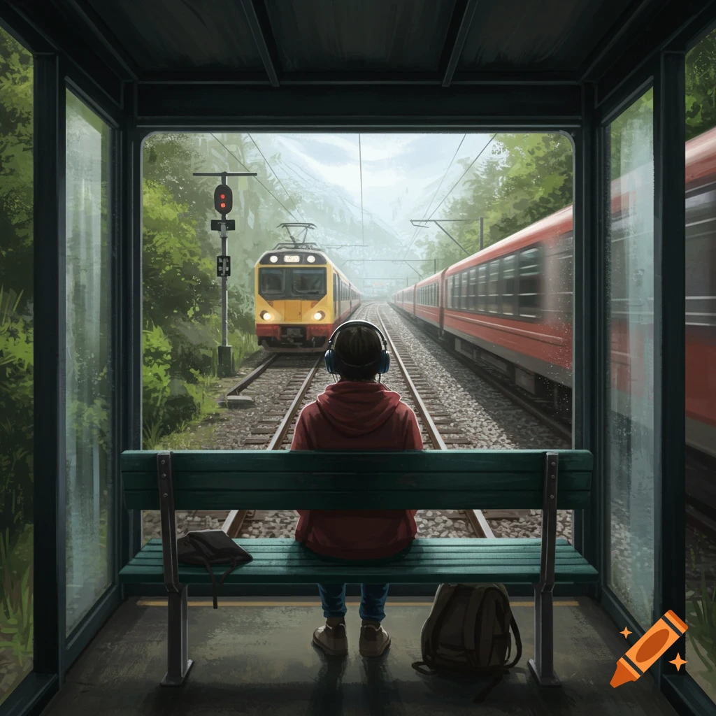 Person at train stop watching two trains pass in a mountain landscape.