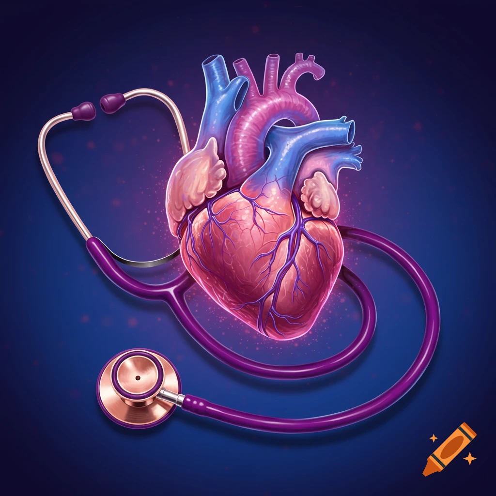 A human heart with a purple and gold stethoscope