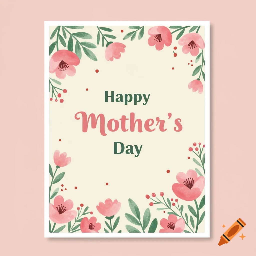 A watercolor greeting card with pink flowers and green leaves around the text "Happy Mother's Day".