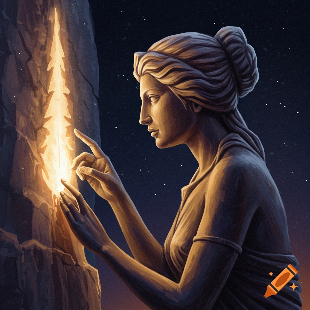 A classical statue figure interacts with a glowing rock formation under a starry night sky.