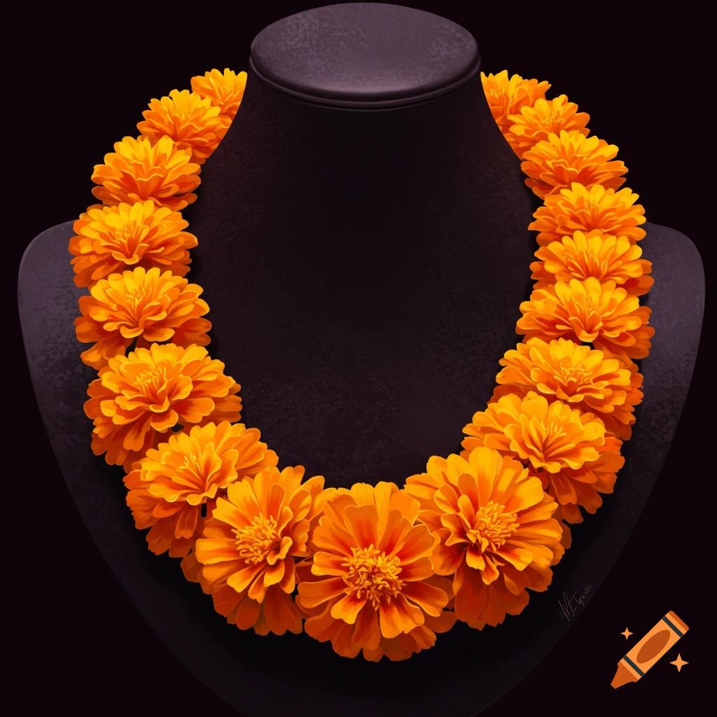 A marigold necklace on a black display stand.