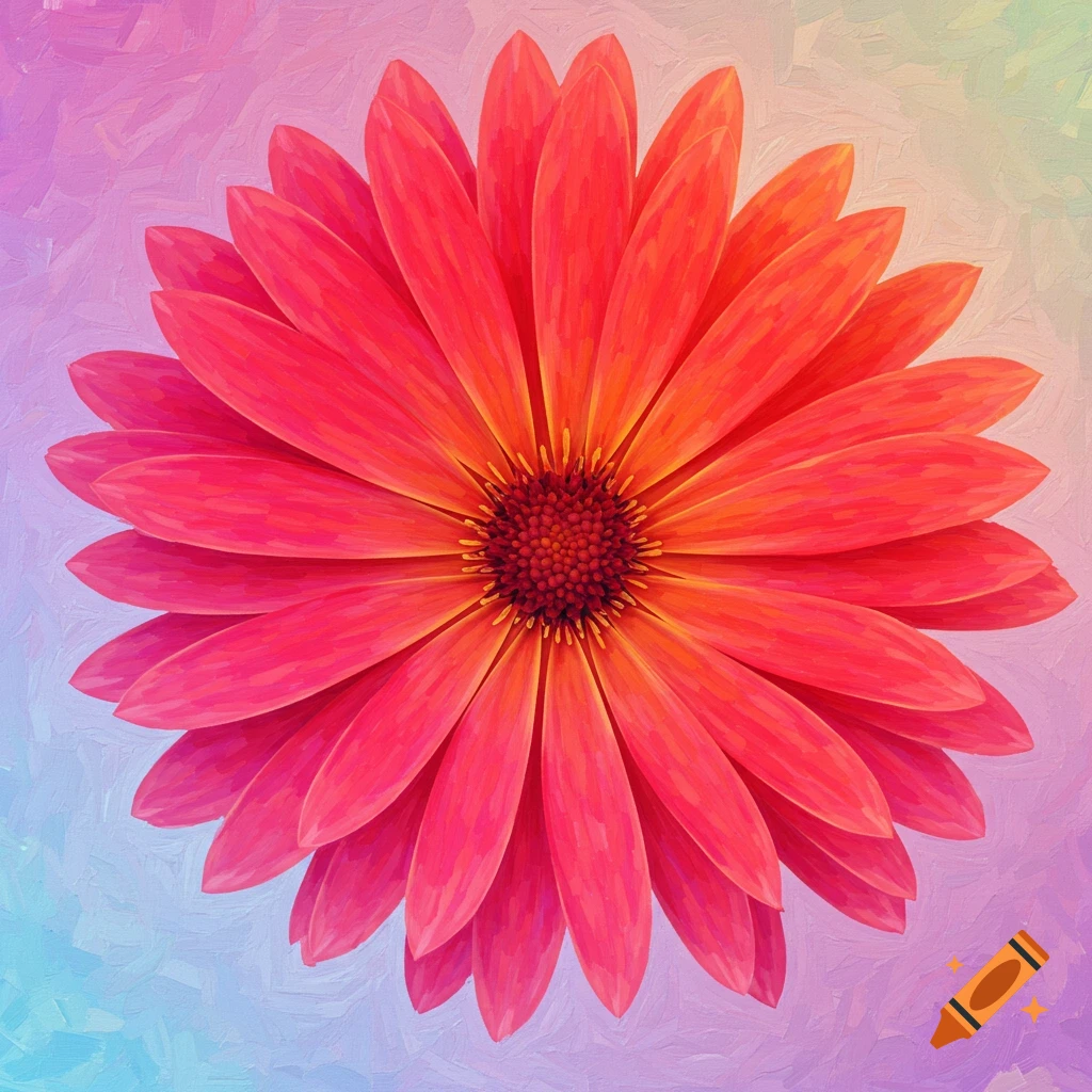 Close-up of a vibrant red-orange flower against a pastel watercolor-like background.