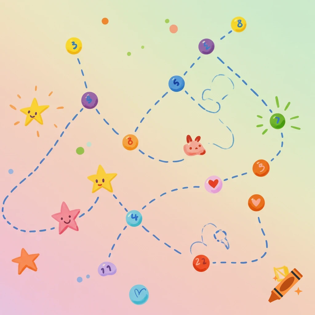 Colorful connect-the-dots game with numbered points, stars, and simple shapes