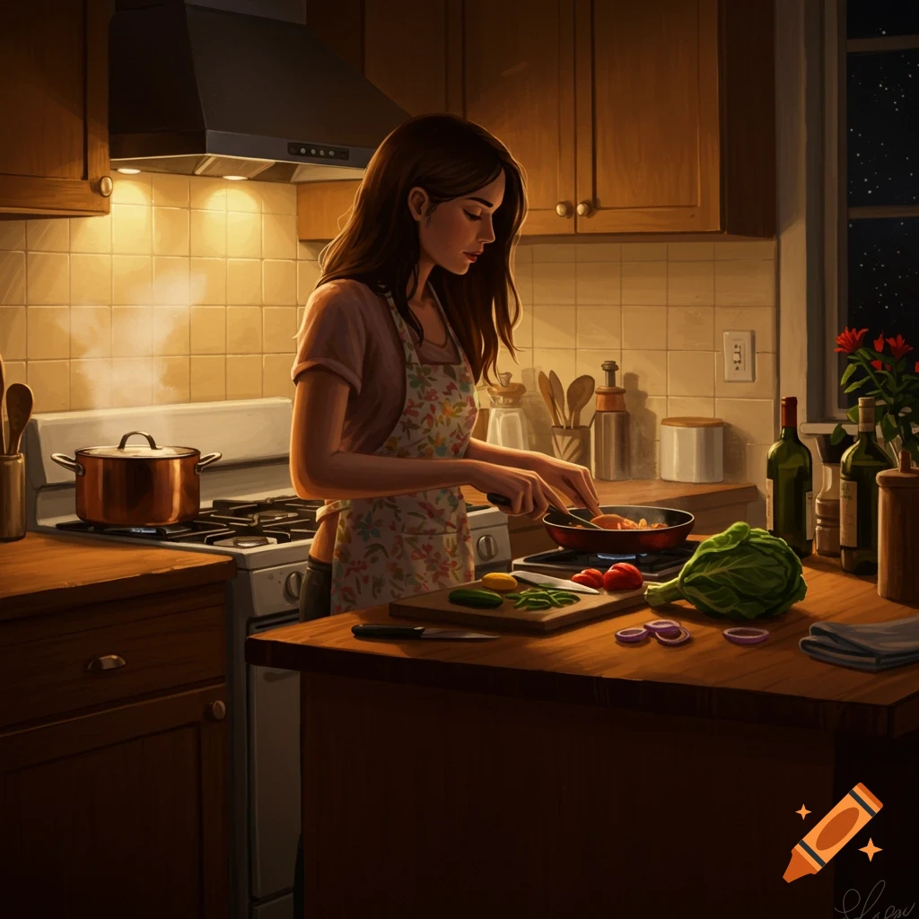 A woman cooking in a kitchen at night.
