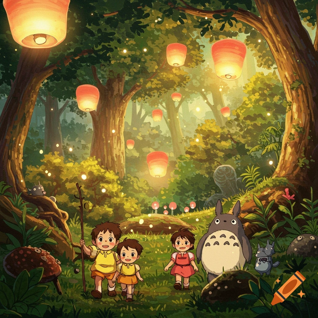 Characters resembling Totoro and children are in a forest with lanterns and fireflies, in the style of Ghibli.