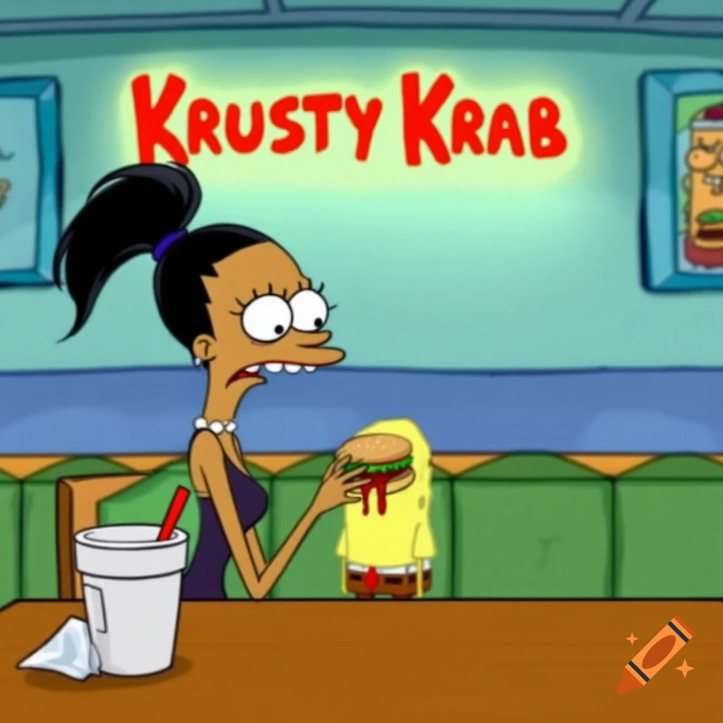 Cartoon character with a disgusted face holds a burger in the Krusty Krab restaurant.