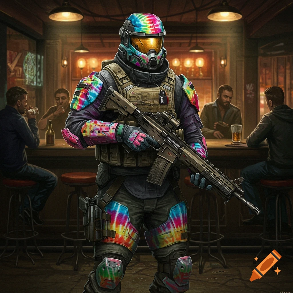 A commando in tie-dye camouflage standing in a bar. on Craiyon