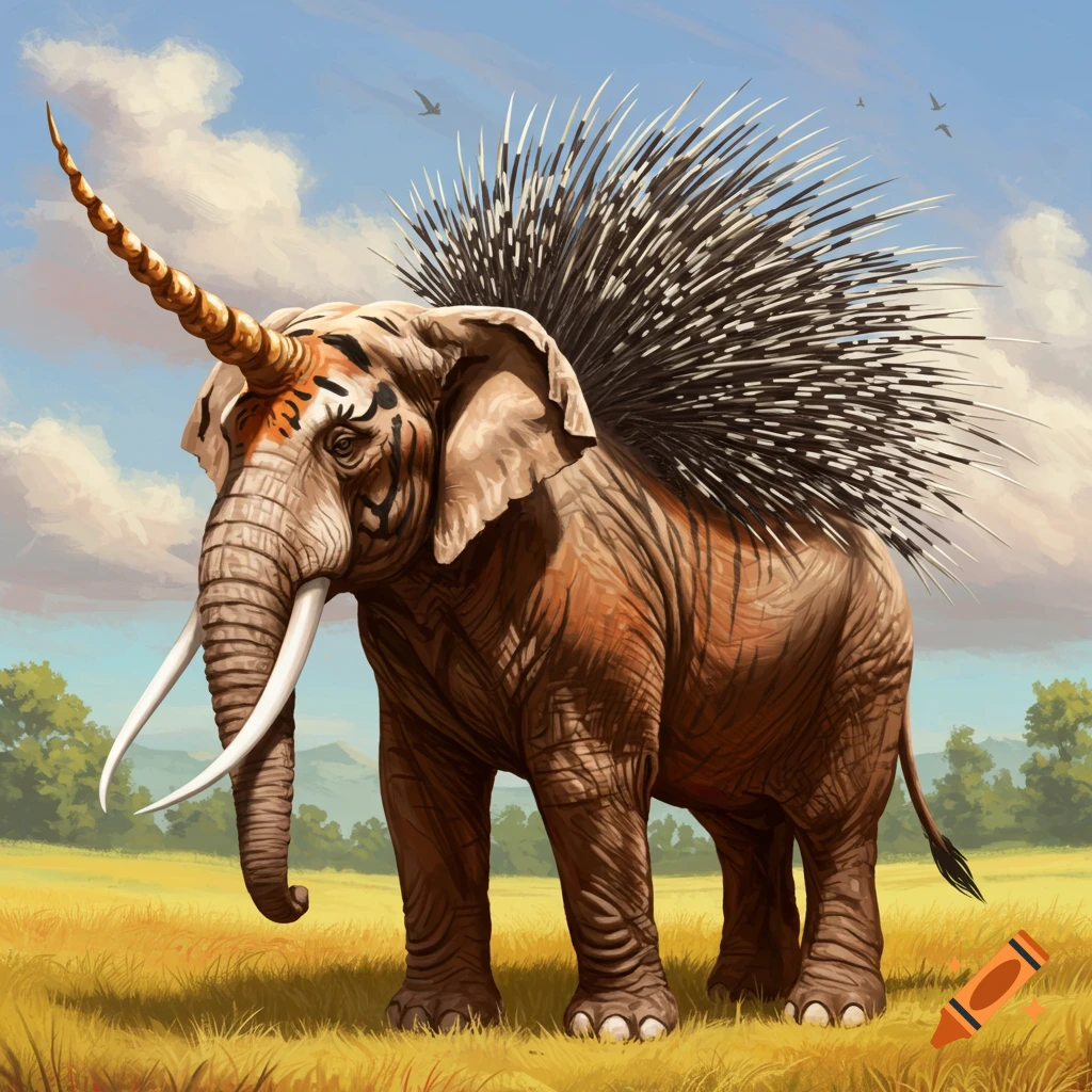 A fantasy creature blending an elephant, tiger, porcupine, and unicorn in a grassy field.