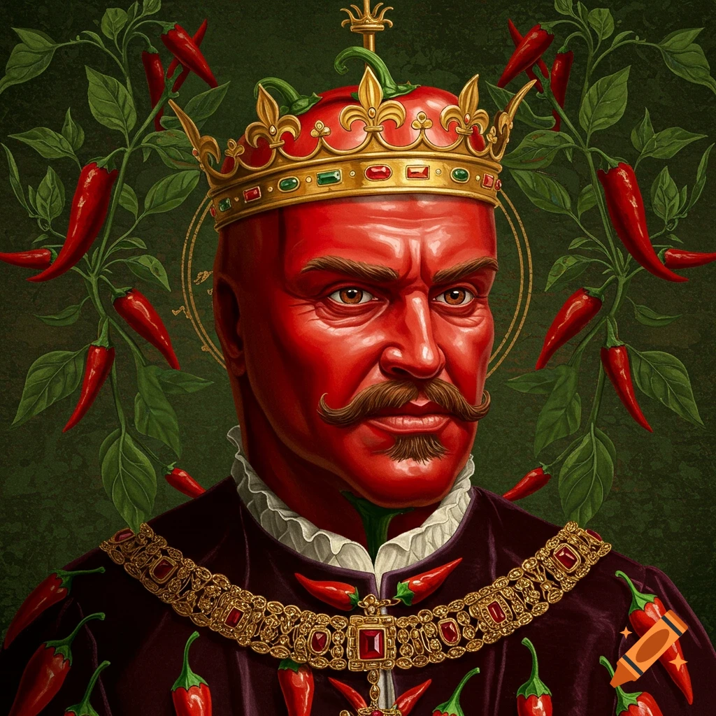 Portrait of a man with red skin wearing a crown and robe, surrounded by chili peppers