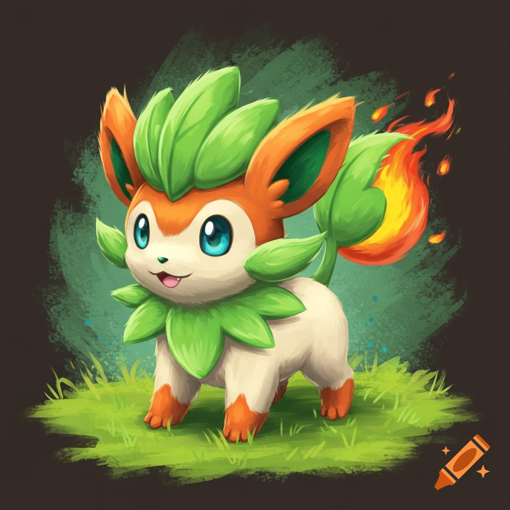A small creature with green leaves, orange fur, and a fiery tail, standing on grass.