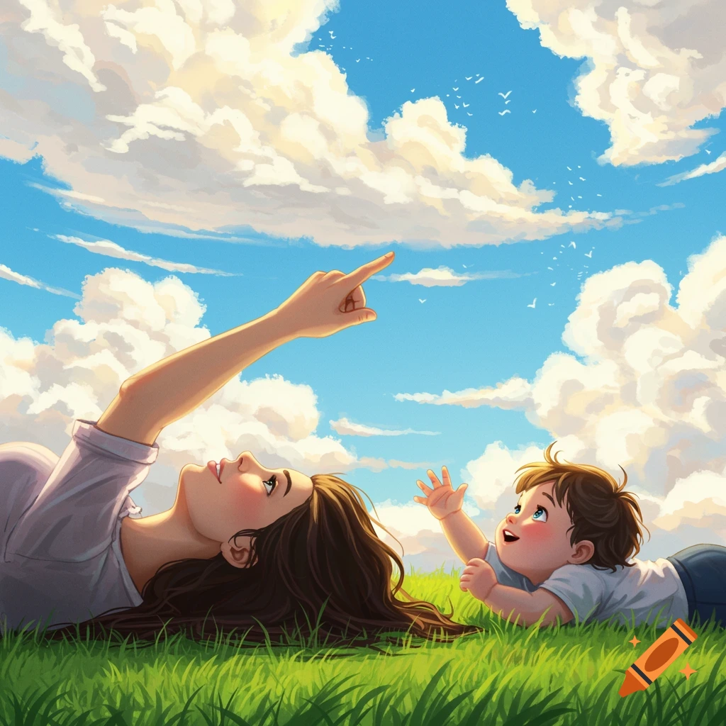 A mother and child lie in a grassy field, looking up at the clouds.