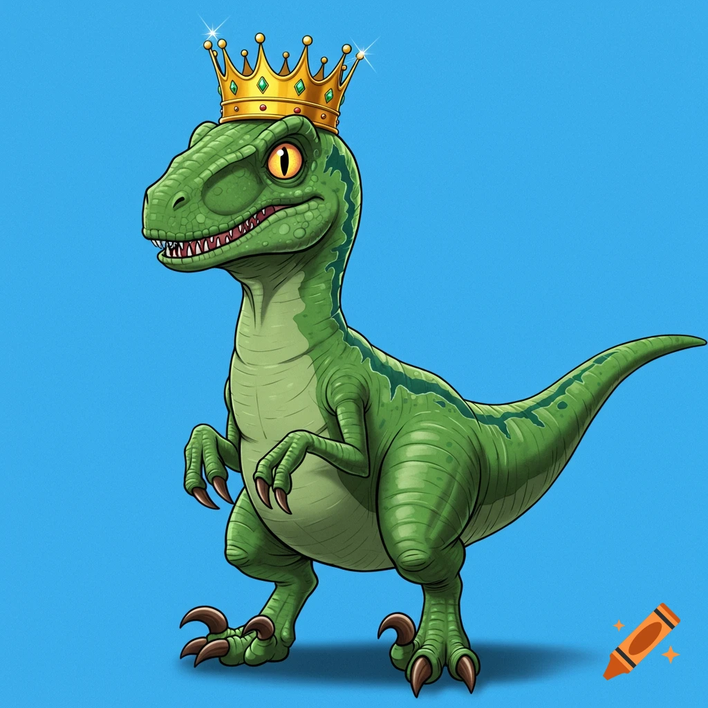 A cartoon velociraptor wearing a gold crown on a blue background.