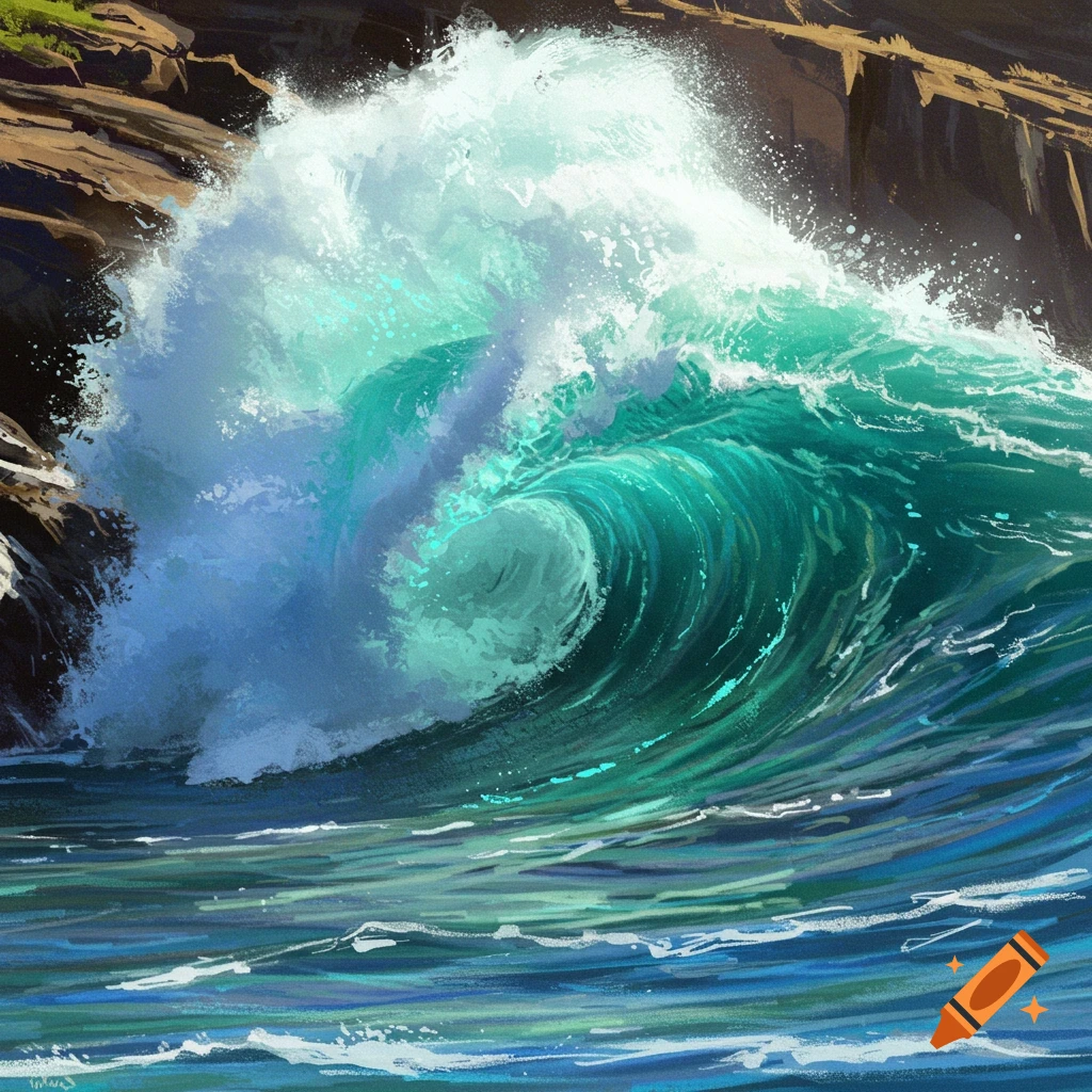 A large turquoise ocean wave crashing near rocks.
