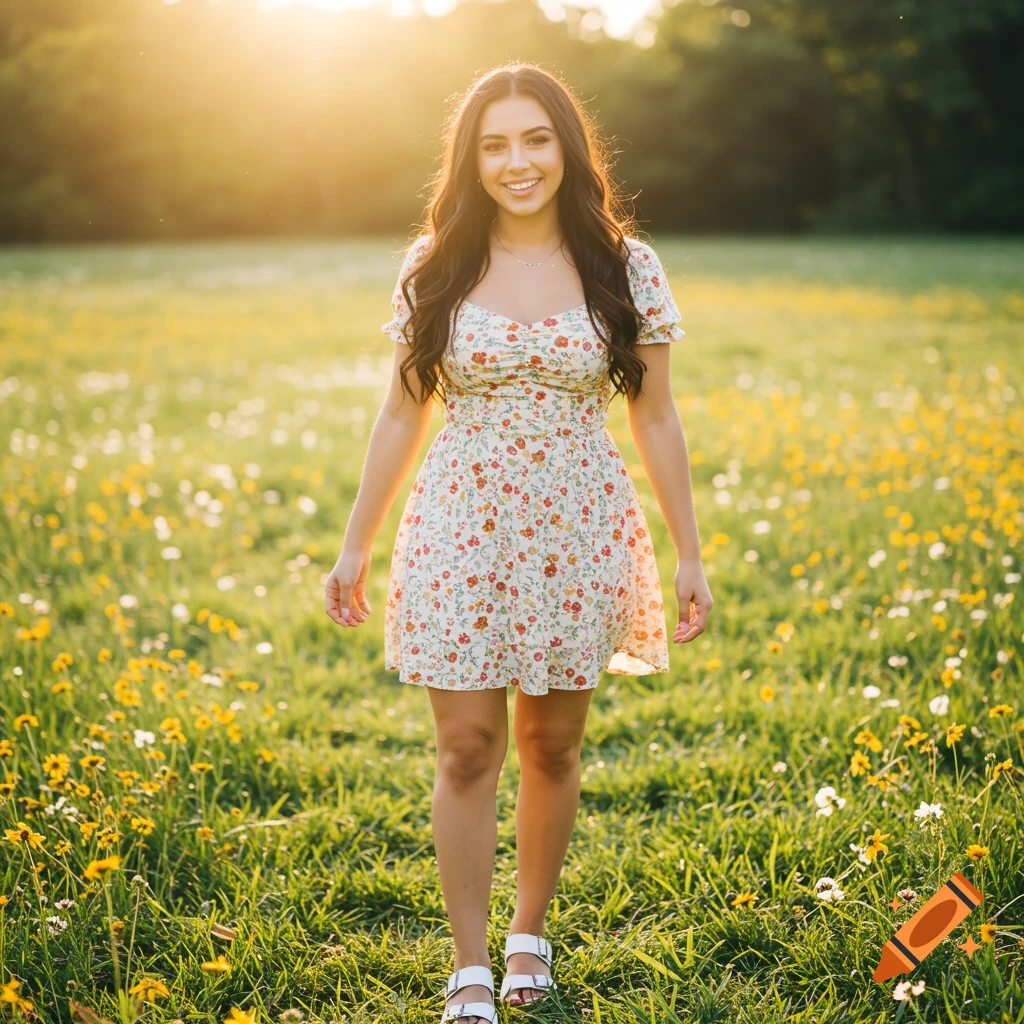 A young woman in a floral sundress stands smiling in a sunny field of wildflowers.