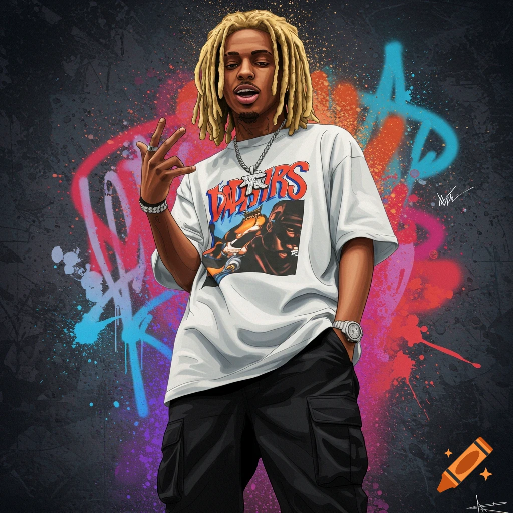 A person with dreadlocks is wearing an oversized t-shirt with text and cargo pants, making a hand sign in front of a graffiti wall.