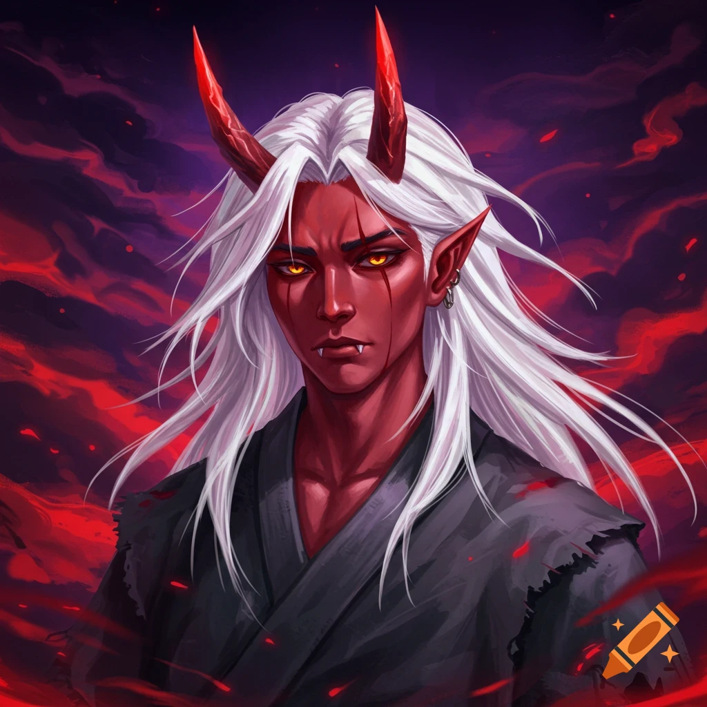 Red-skinned fantasy character with white hair and red horns.