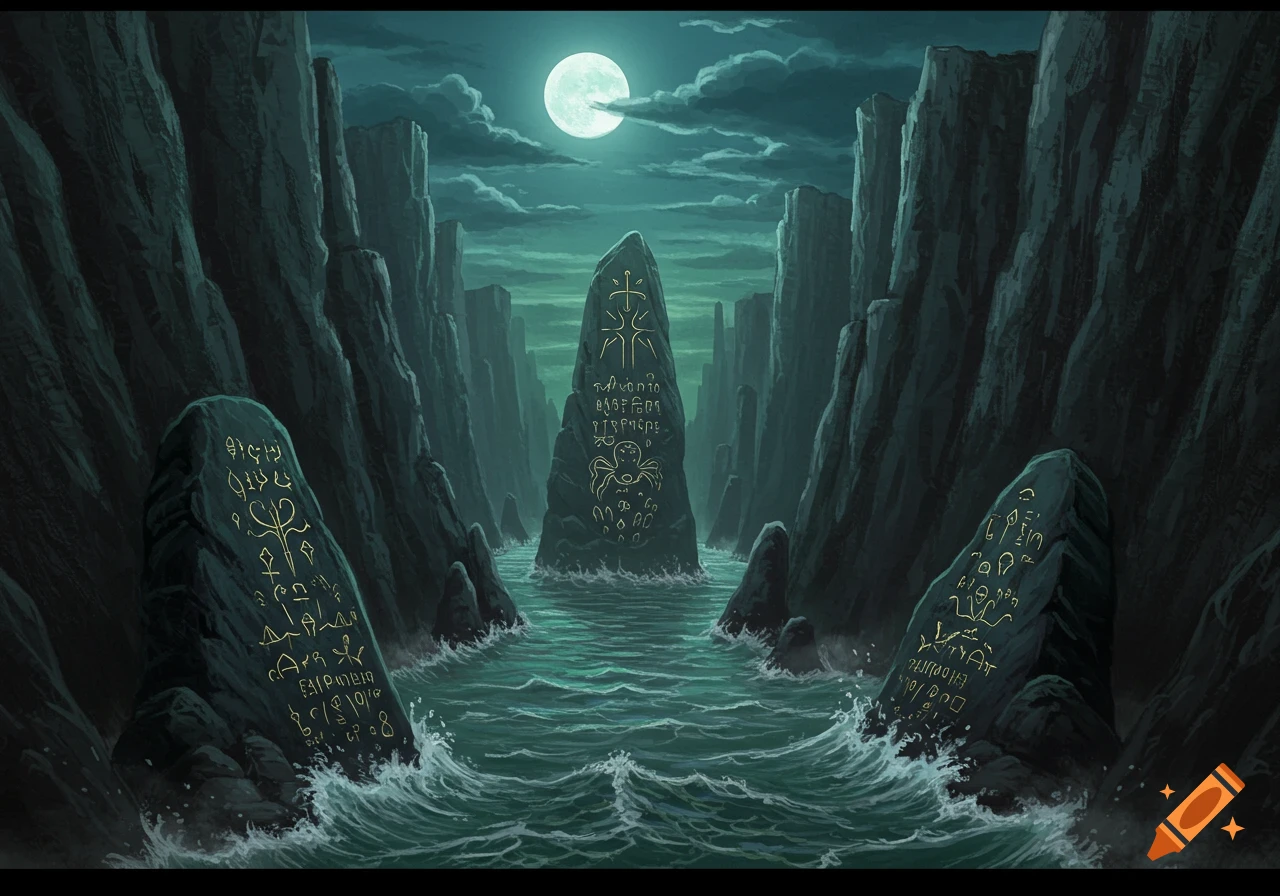 A moonlit sea between steep cliffs with an inscribed monolith and inscribed rocks.