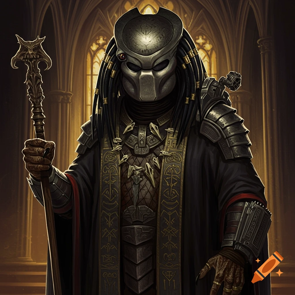 A Predator alien in a priest robe stands in a gothic church holding a staff.