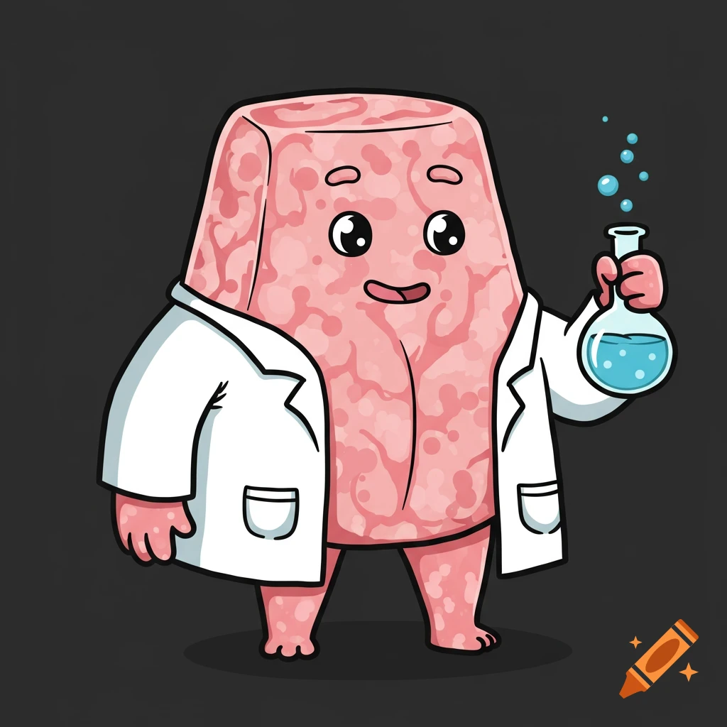 Cartoon mascot resembling a block of tissue wearing a lab coat and holding a science flask.